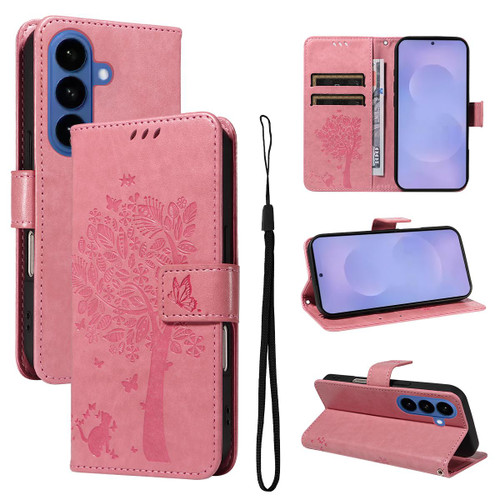 Samsung Galaxy S26 Tree & Cat Embossed Pattern Flip Leather Phone Case - Pink