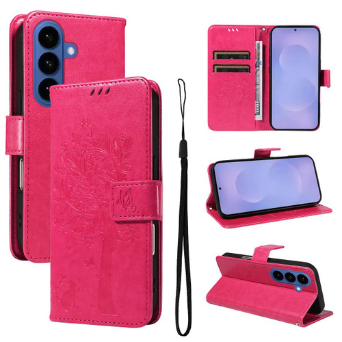 Samsung Galaxy S26 Tree & Cat Embossed Pattern Flip Leather Phone Case - Rose Red