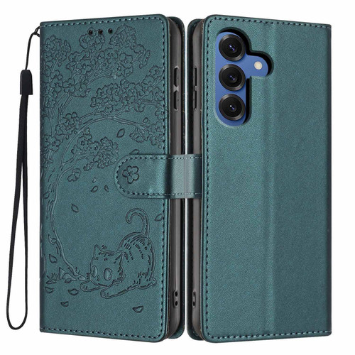 Samsung Galaxy S26 Tree Cat Embossed Flip Vegan Leather Phone Case - Deep Green