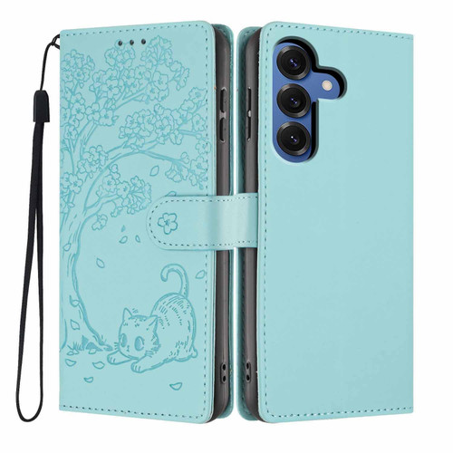 Samsung Galaxy S26 Tree Cat Embossed Flip Vegan Leather Phone Case - Light Green