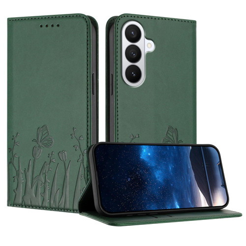Samsung Galaxy S26 Tulips Butterfly Pattern Magnetic Vegan Leather Phone Case - Dark Green