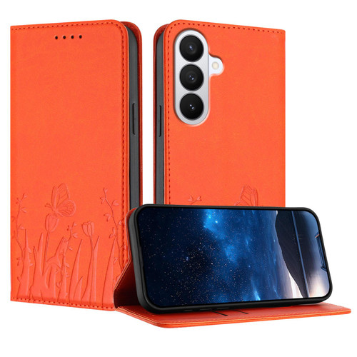 Samsung Galaxy S26 Tulips Butterfly Pattern Magnetic Vegan Leather Phone Case - Orange