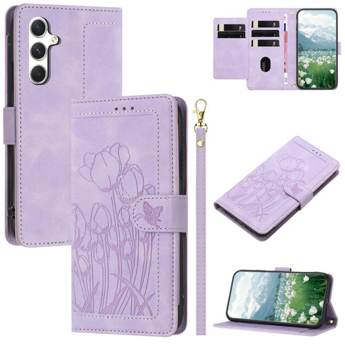 Samsung Galaxy S26 Tulips Embossed Leather Phone Case with Lanyard - Purple