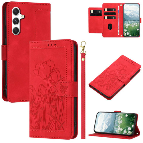 Samsung Galaxy S26 Tulips Embossed Leather Phone Case with Lanyard - Red