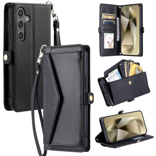 Samsung Galaxy S26 Wallet Multi-card Slot Leather Phone Case with Lanyard - Black