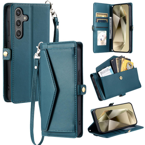 Samsung Galaxy S26 Wallet Multi-card Slot Leather Phone Case with Lanyard - Green