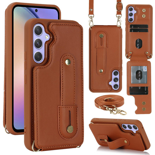 Samsung Galaxy S26 Wristband Vertical Flip Wallet Back Cover Phone Case with Long Lanyard - Brown