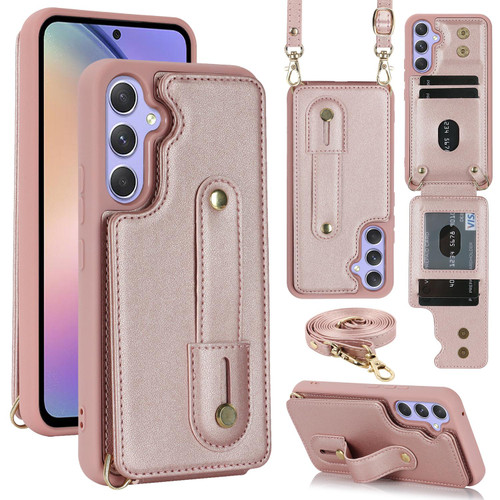 Samsung Galaxy S26 Wristband Vertical Flip Wallet Back Cover Phone Case with Long Lanyard - Rose Gold