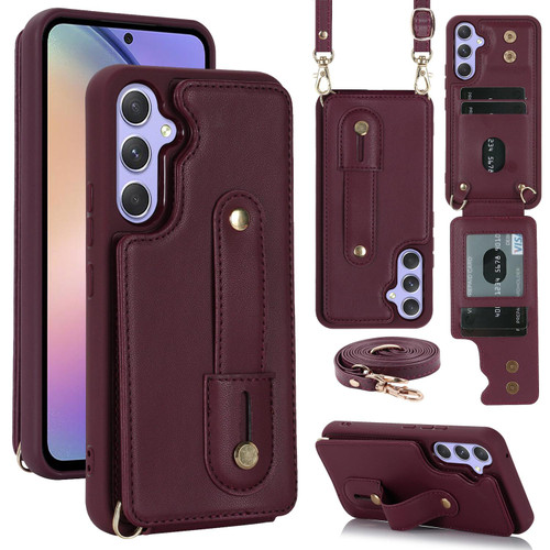 Samsung Galaxy S26 Wristband Vertical Flip Wallet Back Cover Phone Case with Long Lanyard - Wine Red