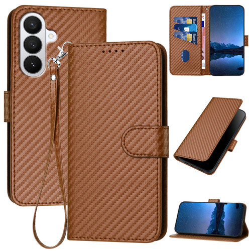 Samsung Galaxy S26 YX0070 Carbon Fiber Buckle Leather Phone Case with Lanyard - Coffee