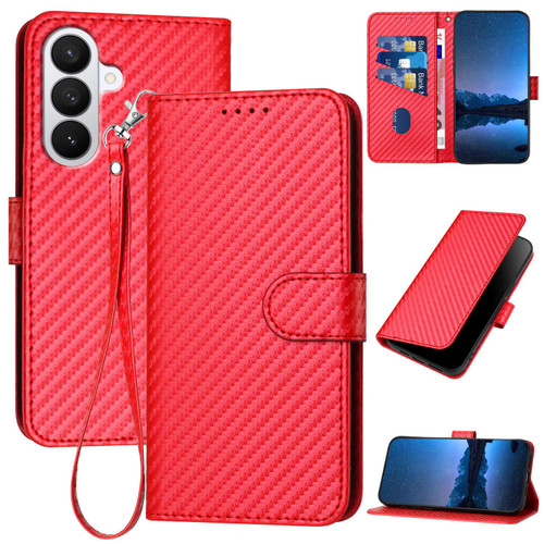 Samsung Galaxy S26 YX0070 Carbon Fiber Buckle Leather Phone Case with Lanyard - Red