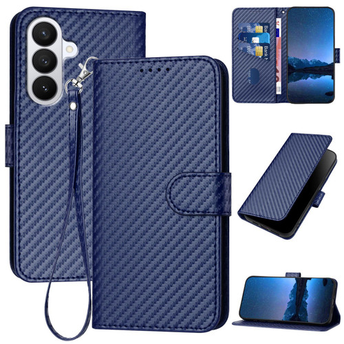 Samsung Galaxy S26 YX0070 Carbon Fiber Buckle Leather Phone Case with Lanyard - Royal Blue