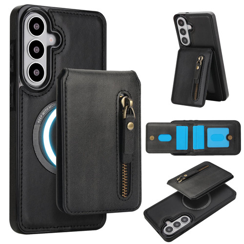 Samsung Galaxy S26 Zipper Wallet Split MagSafe Leather Back Phone Case - Black