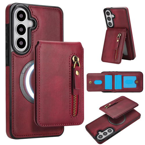Samsung Galaxy S26 Zipper Wallet Split MagSafe Leather Back Phone Case - Red