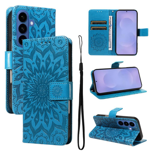 Samsung Galaxy S26 Embossed Sunflower Pattern Flip Leather Phone Case - Blue