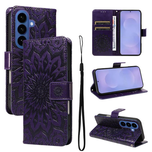 Samsung Galaxy S26 Embossed Sunflower Pattern Flip Leather Phone Case - Purple