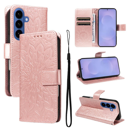 Samsung Galaxy S26 Embossed Sunflower Pattern Flip Leather Phone Case - Rose Gold