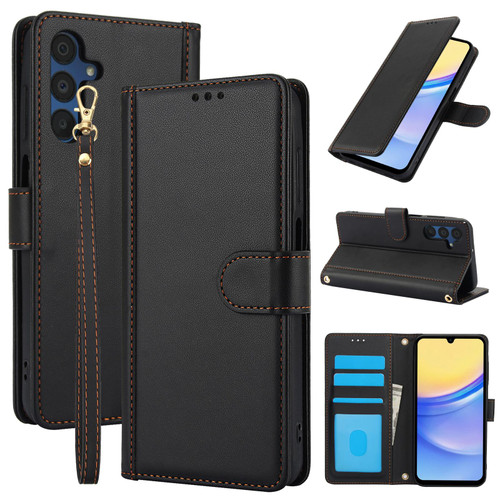 Samsung Galaxy A37 5G Skin Feel Pure Color Card Slots Leather Phone Case with Dual Lanyard - Black