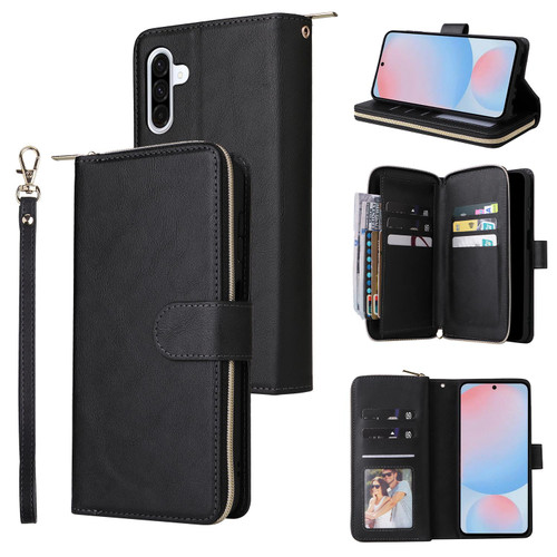Samsung Galaxy A37 5G 9-Card Slots Zipper Wallet Bag Leather Phone Case - Black
