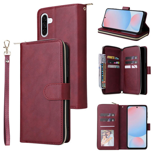 Samsung Galaxy A37 5G 9-Card Slots Zipper Wallet Bag Leather Phone Case - Wine Red