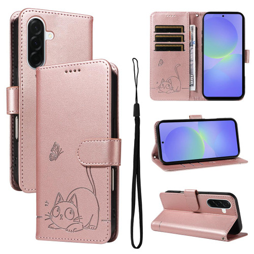 Samsung Galaxy A37 5G Adorable Cat Embossed Pattern Flip Leather Phone Case - Rose Gold