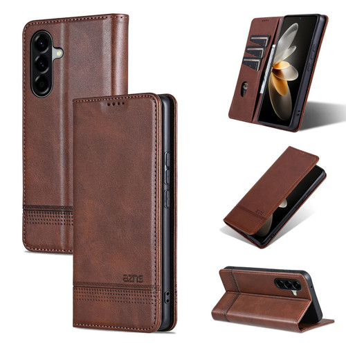 Samsung Galaxy A37 5G AZNS Magnetic Calf Texture Flip Leather Phone Case - Dark Brown