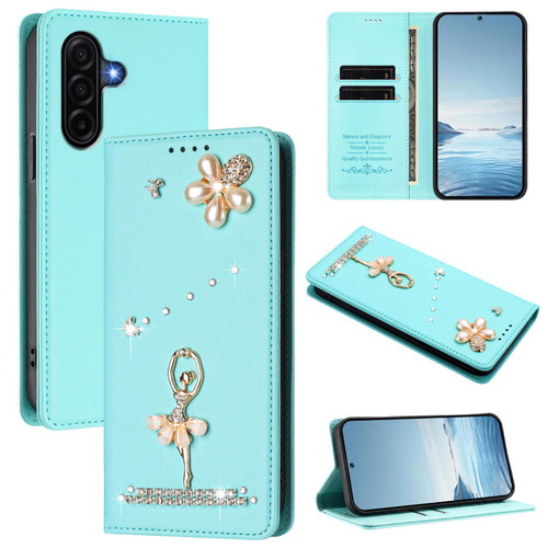 Samsung Galaxy A37 5G Ballet Girl Diamond Studded RFID Vegan Leather Phone Case - Mint Green