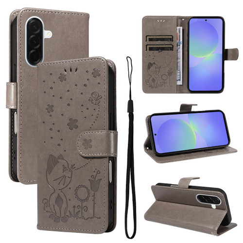 Samsung Galaxy A37 5G Cat and Bee Embossed Flip Leather Phone Case - Grey