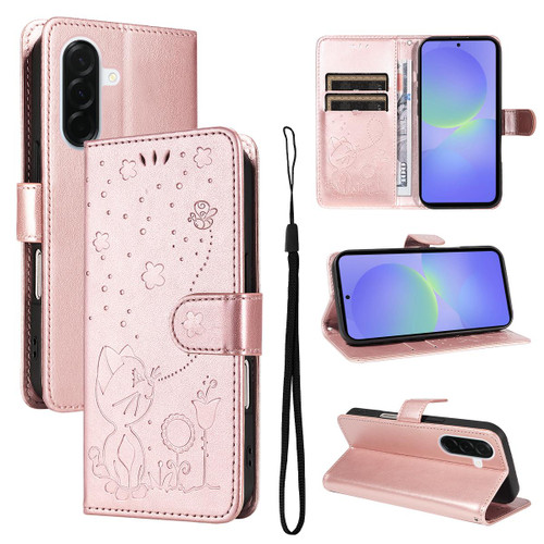 Samsung Galaxy A37 5G Cat and Bee Embossed Flip Leather Phone Case - Rose Gold
