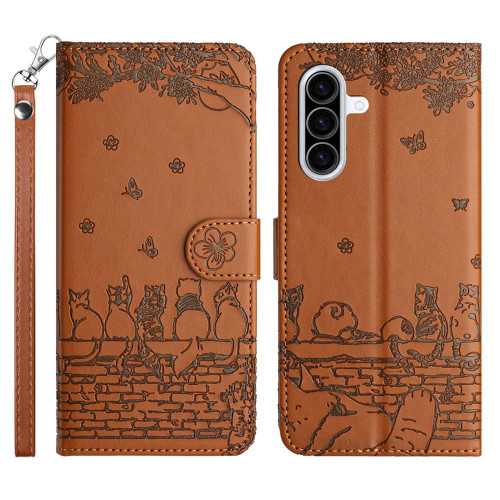 Samsung Galaxy A37 5G Cat Embossing Pattern Leather Phone Case with Lanyard - Brown