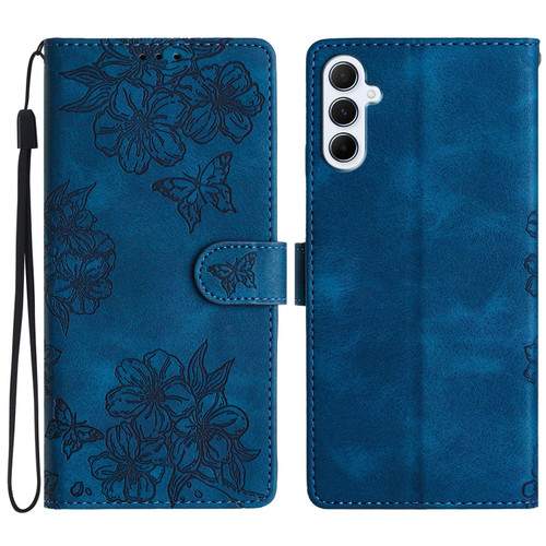 Samsung Galaxy A37 5G Cherry Blossom Butterfly Skin Feel Embossed PU Phone Case - Blue