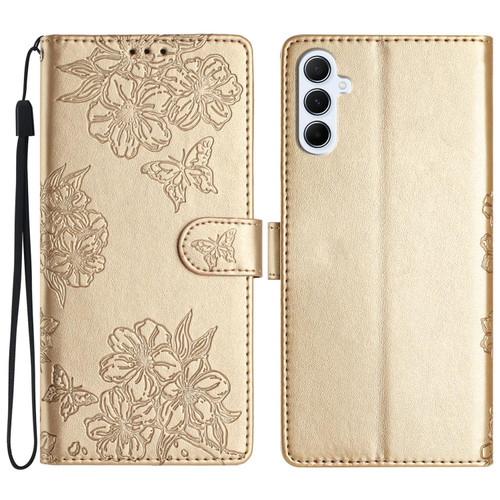 Samsung Galaxy A37 5G Cherry Blossom Butterfly Skin Feel Embossed PU Phone Case - Gold
