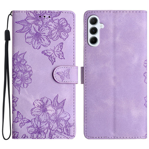 Samsung Galaxy A37 5G Cherry Blossom Butterfly Skin Feel Embossed PU Phone Case - Purple