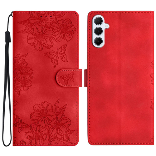 Samsung Galaxy A37 5G Cherry Blossom Butterfly Skin Feel Embossed PU Phone Case - Red