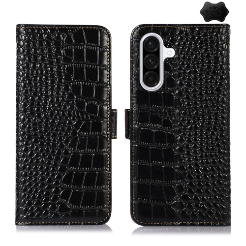 Samsung Galaxy A37 5G Crocodile Top Layer Cowhide Leather Phone Case - Black