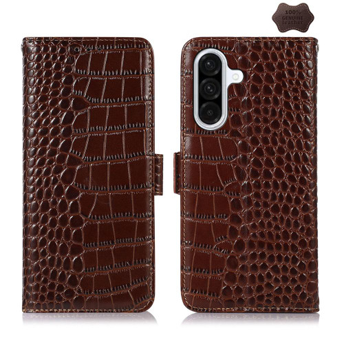 Samsung Galaxy A37 5G Crocodile Top Layer Cowhide Leather Phone Case - Brown
