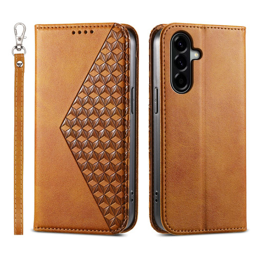 Samsung Galaxy A37 5G Cubic Grid Calf Texture Magnetic Leather Phone Case - Yellow