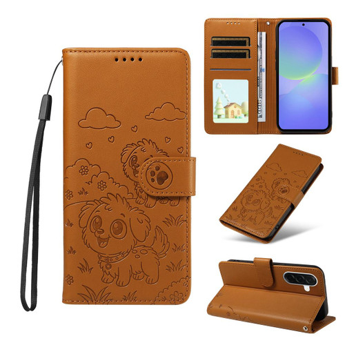 Samsung Galaxy A37 5G Embossed Heart Dog RFID Blocking Wallet Leather Phone Case - Brown