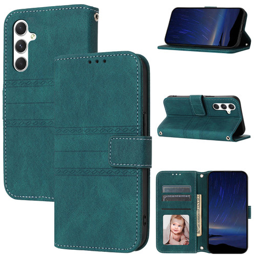 Samsung Galaxy A37 5G Embossed Stripes Skin Feel Leather Phone Case - Dark Green