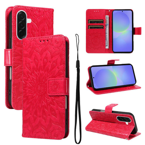 Samsung Galaxy A37 5G Embossed Sunflower Pattern Flip Leather Phone Case - Red
