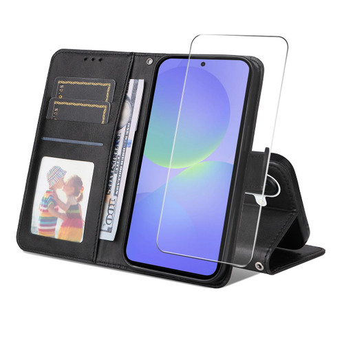 Samsung Galaxy A37 5G ENKAY Card Wallet Calf Texture Leather Phone Case with Screen Film - Black