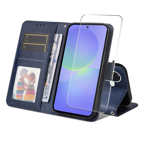 Samsung Galaxy A37 5G ENKAY Card Wallet Calf Texture Leather Phone Case with Screen Film - Blue