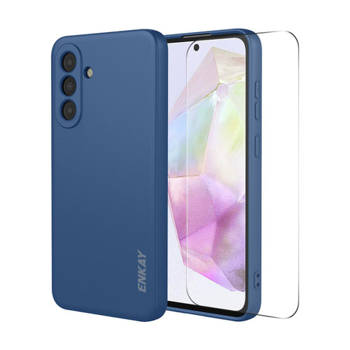 Samsung Galaxy A37 5G ENKAY Liquid Silicone Soft Shockproof Phone Case with Large Arc Edge Film - Dark Blue