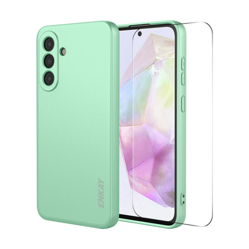 Samsung Galaxy A37 5G ENKAY Liquid Silicone Soft Shockproof Phone Case with Large Arc Edge Film - Light Green