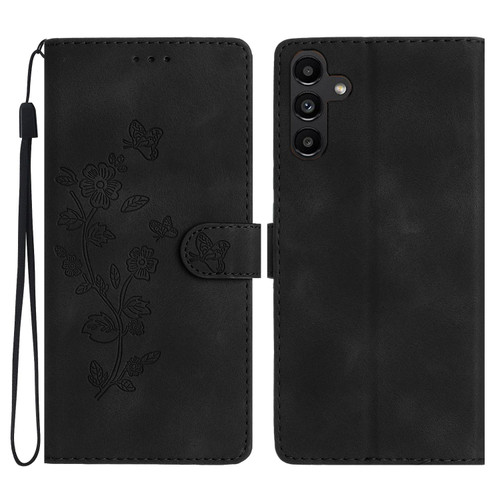 Samsung Galaxy A37 5G Flower Butterfly Embossing Pattern Leather Phone Case - Black