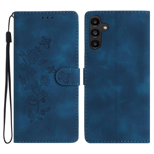 Samsung Galaxy A37 5G Flower Butterfly Embossing Pattern Leather Phone Case - Blue