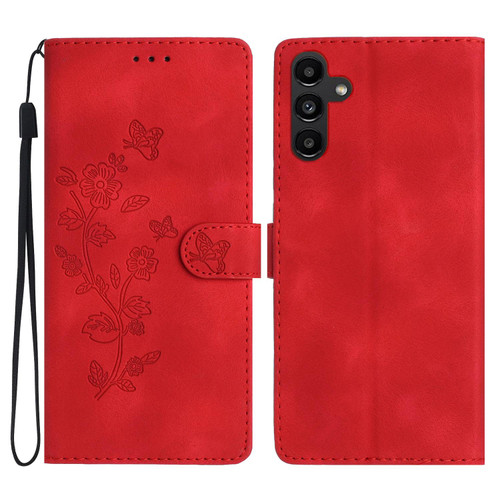 Samsung Galaxy A37 5G Flower Butterfly Embossing Pattern Leather Phone Case - Red