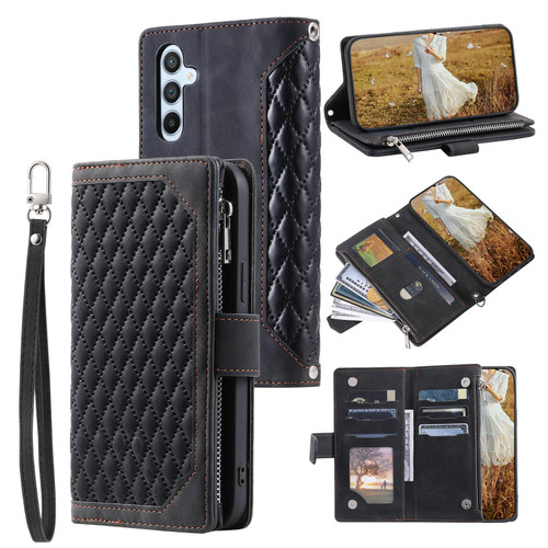 Samsung Galaxy A37 5G Grid Texture Zipper Leather Phone Case with Lanyard - Black