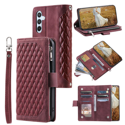 Samsung Galaxy A37 5G Grid Texture Zipper Leather Phone Case with Lanyard - Wine Red