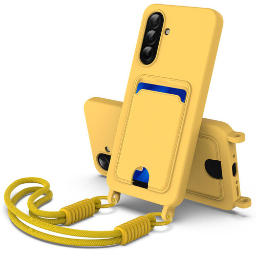 Samsung Galaxy A37 5G Integrated Card Bag Solid Color Liquid Silicone Phone Case Gen2 with Short Lanyard - Yellow